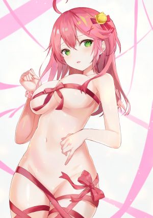 dedeko,さくらみこ,Hololive,呆毛,铃,breasts,绿色眼,发饰,露脐,nude,粉发,缎带,single,Vtuber