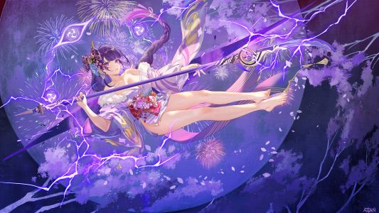 ATDAN,雷電将軍,原神,三股辫,breasts,cleavage,和服,长发,No-Bra,花瓣,马尾辫,紫色眼,紫发,weapon,signed