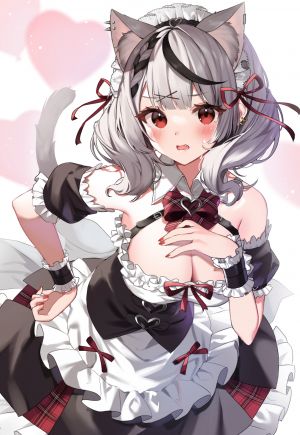 Vtuber,Hololive,沙花叉クロヱ,マシュ様,single,長身像,脸红,短发,breasts,開口,红色眼,兽耳,cleavage,银发