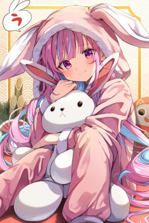 Vtuber,Hololive,湊あくあ,summer_tail720,single,长发,長身像,视线正对,脸红,坐姿,紫色眼,紫发,少女,毛绒玩具