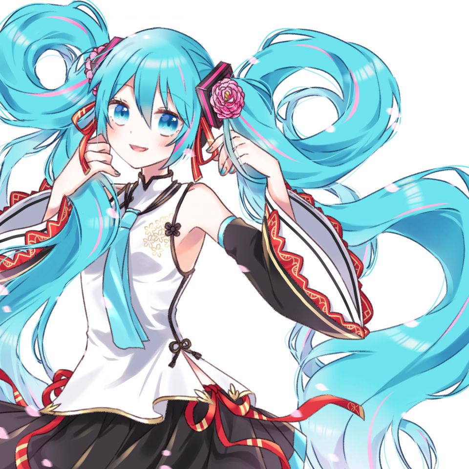 初音ミク VOCALOID Mizuamemochimochi 露肩 发饰 长发 视线正对 花瓣