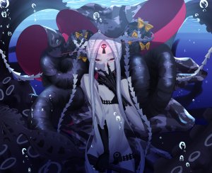 阿比盖尔·威廉姆斯,アビゲイル・ウィリアムズ,Fate/GrandOrder,Fate系列,kurokami_syura,前发,露肩,水着,胸部,泡泡,双团子头,长发,视线正对,露脐,红色眼,貧乳,笑顔,泳装,触手,白发