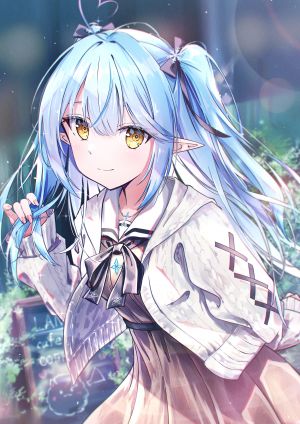 Vtuber,Hololive,雪花ラミィ,代々,single,长发,長身像,笑顔,黄色眼,青发,呆毛,尖耳,少女