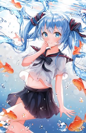 VOCALOID,初音ミク,瓶初音,ssum,长发,single,長身像,脸红,视线正对,前发,碧眼,笑顔,双马尾,青发,少女,短裙