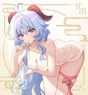 原神,甘雨,狗脸脸dogface,呆毛,露肩,沐浴,铃,青发,脸红,breasts,cleavage,长发,视线正对,紫色眼,缎带,single,毛巾