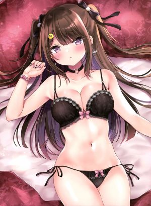 masayo,原创,露肩,bra,茶发,项圈,cleavage,发饰,lingerie,长发,视线正对,横臥,露脐,胖次,紫色眼,single,下着