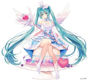 necomi,初音ミク,VOCALOID,裸足,露肩,碧眼,青发,脸红,皇冠,连衣裙,長手袋,平胸,全身,手套,发饰,holding,长发,缎带,rose,坐姿,笑顔,single,双马尾,白背景,白丝,翅膀