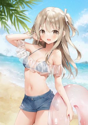 原创,Melonbooks,weri,露肩,海滩,水着,breasts,棕色眼,茶发,cleavage,发饰,长发,视线正对,露脐,開口,缎带,笑顔,single,泳装