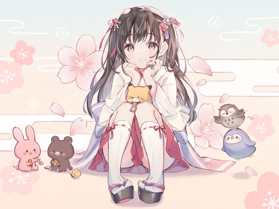 Sencha 原创 动物 脸红 茶发 樱花 チビ 和服