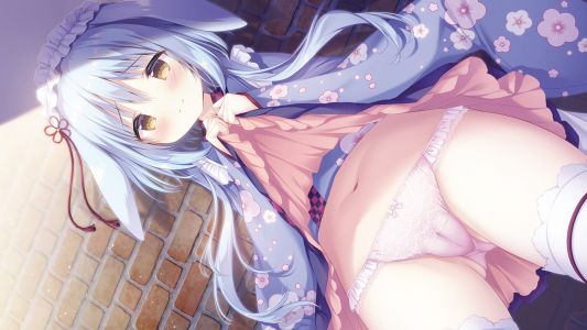 百々瀬かぐや,amairo_chocolata,しらたま,兽耳,青发,棕色眼,cameltoe,游戏CG,长发,长袖,露脐,胖次,single,丝袜,下着