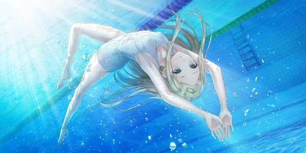 morisaki_alesia_yu,BLUE-REFLECTION,blue_reflection_sun,岸田メル,金发,breasts,泡泡,全身,游戏CG,长发,死库水,single,泳装