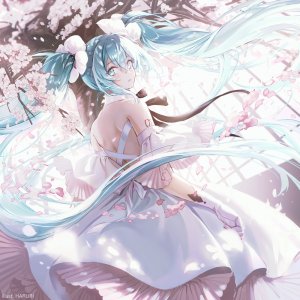 VOCALOID,初音ミク,haruri,single,视线正对,前发,hair_between_eyes,双马尾,超长发,回头看,樱花,少女,连衣裙,手套