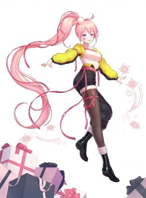 うに,VOCALOID,blcackup,碧眼,胸部,全身,长发,长袖,视线正对,粉发,马尾辫,缎带,single,白背景