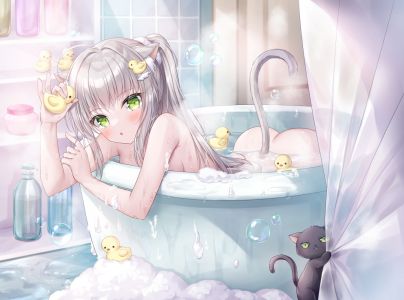 原创,沐浴,nude,小日向ほしみ,动物,兽耳,脸红,泡泡,猫,猫娘,绿色眼,马尾辫