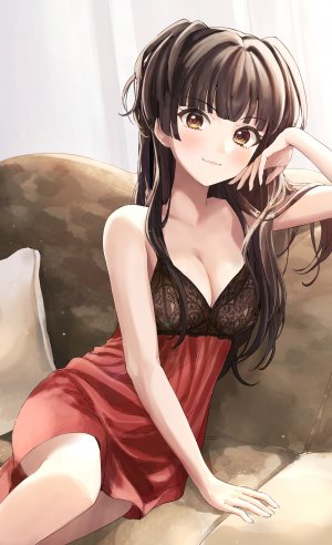 偶像大师,黛冬優子,前发,黑发,直刘海,脸红,棕色眼,cleavage,lingerie,长发,视线正对,笑顔,single,下着