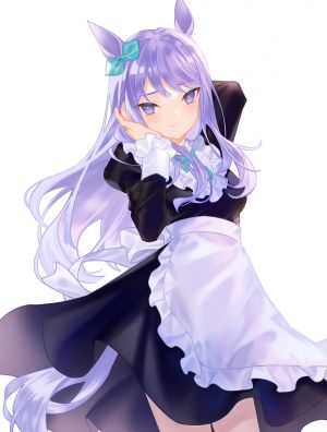 umamusume,mejiro_mcqueen,littleamber,single,长发,長身像,视线正对,白背景,紫色眼,兽耳,紫发,女仆