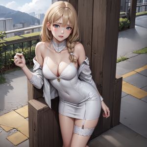 金发,碧眼,三股辫,breasts,cleavage,长发,single,结发,AI生成图