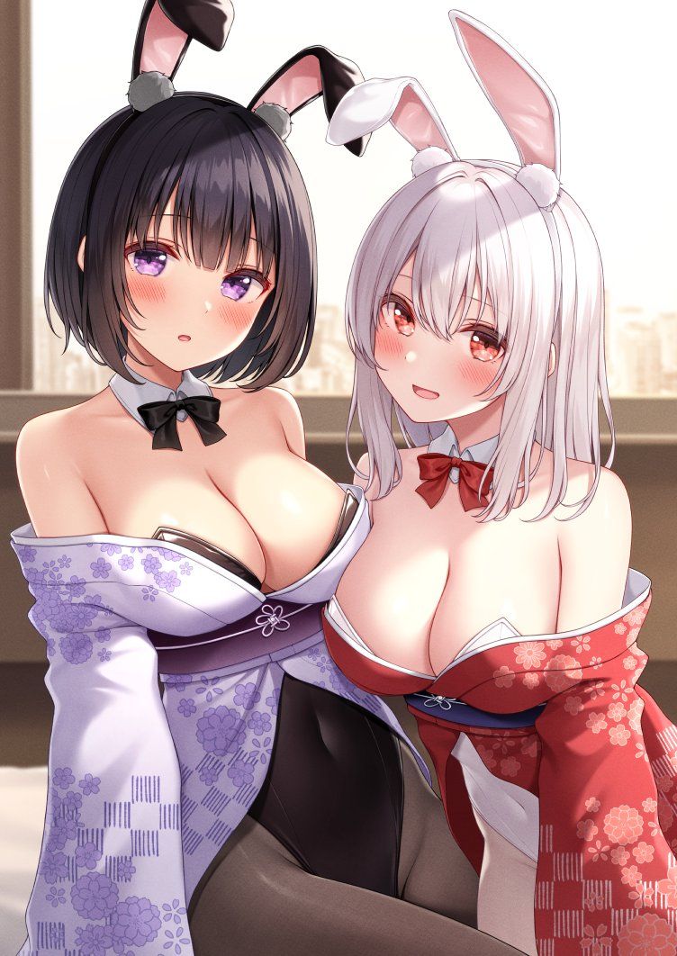 Karutamo 原创 兽耳 露肩 黑发 脸红 领结 Breasts