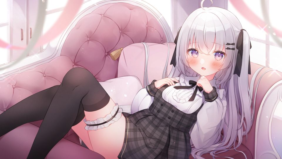 Omochi_Monaka 原创 脸红 连衣裙 Garter 长发 紫色眼 缎带