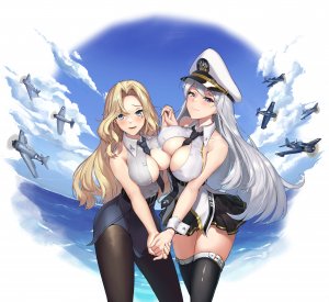 艦隊これくしょん,碧蓝航线,gensui_hime,黑丝,金发,脸红,胸部,cleavage,衬衫,巨乳,长发,迷你短裙,银发,短裙,白发,百合