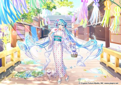 gari,初音ミク,VOCALOID,动物,泡泡,猫,和服,长发,双马尾,浴衣