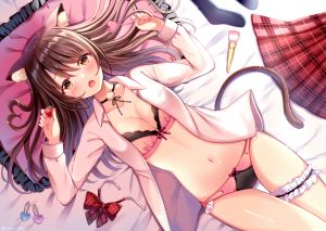 桜ひより,原创,兽耳,脸红,bra,胸部,棕色眼,茶发,猫娘,项圈,cleavage,长发,露脐,胖次,衬衫,草莓,下着,aliasing,signed