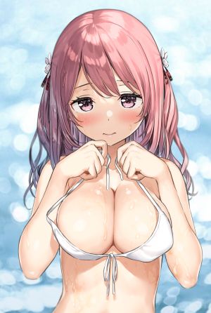 kantoku,くるみ,原创,前发,露肩,水着,脸红,breasts,cleavage,发饰,holding,长发,粉发,缎带,single,泳装