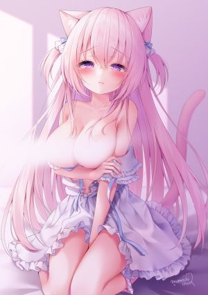 原创,桃稚ちあ,兽耳,露肩,脸红,breasts,猫耳,猫娘,猫尾,cleavage,连衣裙,全身,长发,视线正对,胖次,粉发,紫色眼,缎带,坐姿,single,下着,超长发