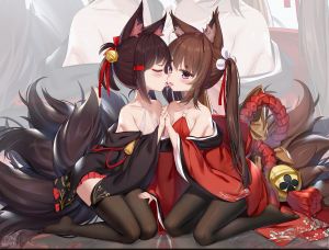 红白0v0,アズールレーン,黒タイツ,天城,赤城,百合,ソックス足裏,べろちゅー,マニキュア