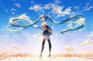 kechi,初音ミク,VOCALOID,动物,长发,花瓣,短裙,天空,tattoo,黑丝,双马尾,絶対領域,waifu2x