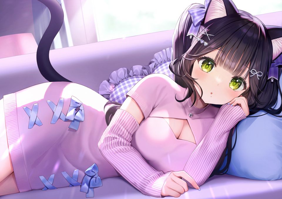 桃色椿 原创 兽耳 铃 黑发 脸红 Breasts 猫娘