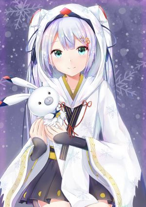 初音ミク,雪ミク,雪音,VOCALOID,月りんご,发饰,holding,和服,长发,长袖,视线正对,缎带,双马尾,雪ミク2018