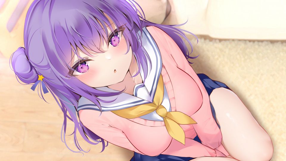 Ponika 原创 脸红 Breast_Hold 长发 紫色眼 紫发 学校制服