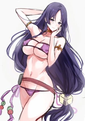 源頼光,Fate/GrandOrder,Fate系列,真冬,前发,露肩,水着,脸红,胸部,项圈,cleavage,巨乳,长发,视线正对,露脐,紫色眼,紫发,笑顔,泳装,超长发,白背景