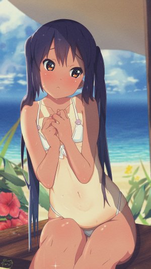 中野梓,K-ON!,motchi001,海滩,水着,黑发,棕色眼,平胸,长发,坐姿,天空,single,泳装,褐色,双马尾