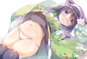 栗柚クリュー,原创,兽耳,碧眼,脸红,cameltoe,猫娘,和服,女仆,露脐,胖次,紫发,掀裙,黑丝,下着,waifu2x