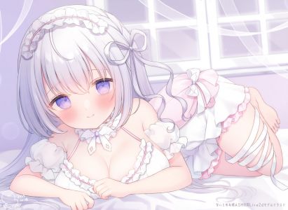 omochi_monaka,脸红,breasts,项圈,cleavage,连衣裙,garter,萝裙,长发,紫色眼,缎带,signed