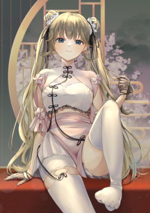 Vtuber,vspo!,cattleya_regina_games,英リサ,ほろろぉ27,single,长发,長身像,视线正对,脸红,前发,碧眼,金发,笑顔,双马尾,传统服装,直刘海,樱花,汉服,少女,丝袜,短裙,手套,白丝