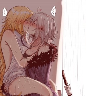 Fate系列,Fate/GrandOrder,圣女贞德,金发,脸红,三股辫,露胸,groping,巨乳,No-Bra,马尾辫,衬衫,结发,百合