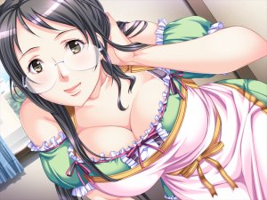 saburoo,あねぼく～お姉ちゃんは美人3姉妹～,游戏CG,围裙,黑发,胸部,cleavage,连衣裙,长发,视线正对,笑顔,single,黄色眼