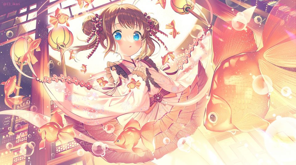 原创 动物 前发 碧眼 脸红 茶发 双团子头 和服