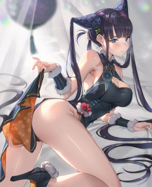 杨贵妃,fate,前发,露肩,碧眼,直刘海,脸红,胸部,汉服,cleavage,连衣裙,Fate系列,发饰,巨乳,长发,视线正对,紫发,笑顔,single,双马尾