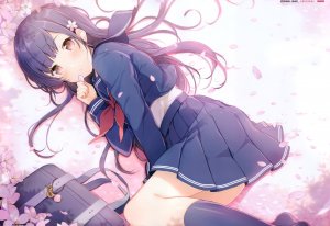 6U☆,原创,青发,棕色眼,樱花,kneehighs,长发,花瓣,学校制服,短裙,scan