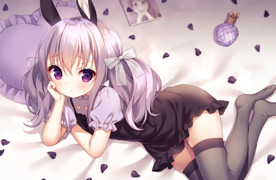 千歳坂すず 原创 兽耳 兔耳 连衣裙 萝莉 花瓣 紫色眼