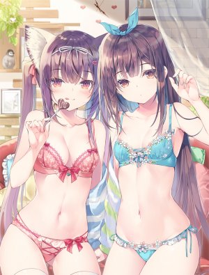 みわべさくら,原创,兽耳,露肩,黑发,bra,棕色眼,猫耳,cleavage,发饰,holding,lingerie,长发,视线正对,露脐,胖次,企鹅,缎带,黑丝,下着,超长发,白丝