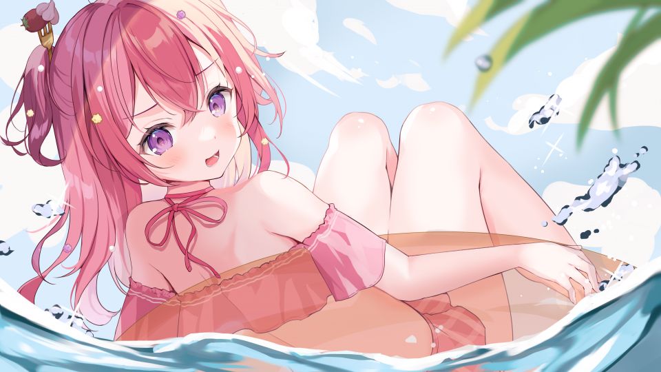 もえこ 原创 水着 脸红 长发 粉发 紫色眼 天空