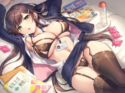 gomashio_ponz,原创,bra,breasts,茶发,吊带袜,绿色眼,长发,露脐,胖次,衬衫,短裙,掀裙,长筒袜,下着