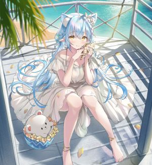 Vtuber,Hololive,雪花ラミィ,daifuku,curcumin,single,长发,長身像,视线正对,脸红,前发,坐姿,青发,黄色眼,兽耳,呆毛,全身