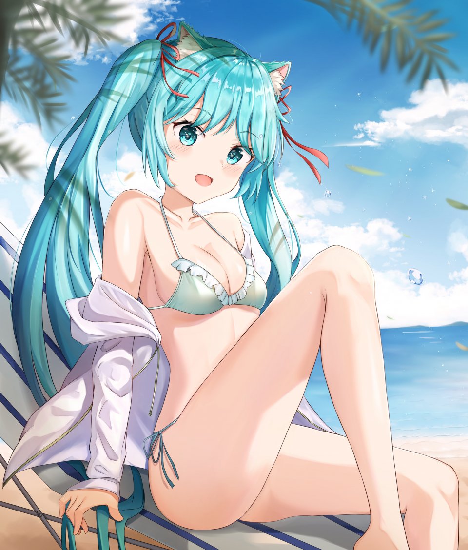 Zeroillya 初音ミク VOCALOID 兽耳 水着 Cleavage 猫耳 泳装