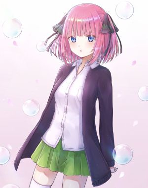 五等分の花嫁,中野二乃,shinzousan,single,長身像,脸红,视线正对,短发,開いた口,碧眼,胸部,前发,粉发,直刘海